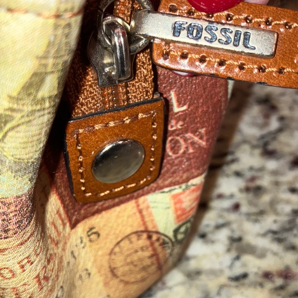 Fossil Vintage Travel Print Satchel Shoulder Bag Brown Leather Handles Cream - Picture 8 of 16